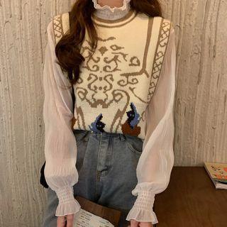 Long Sleeve Mock Neck Blouse / Round Neck Vest