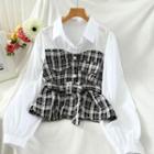 Mock Two-piece Long-sleeve Tweed Panel Shirt
