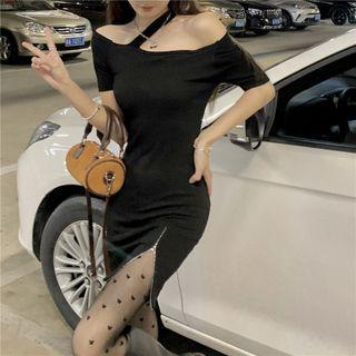 Short-sleeve Off-shoulder Zip Mini Sheath Dress Black - One Size