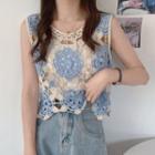 Ethnic Cutout Flower Knit Round-neck Sleeveless Top As Shown In Figure - One Size