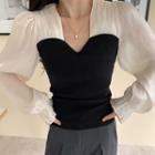 Long-sleeve Two-tone Knit Top White & Black - One Size