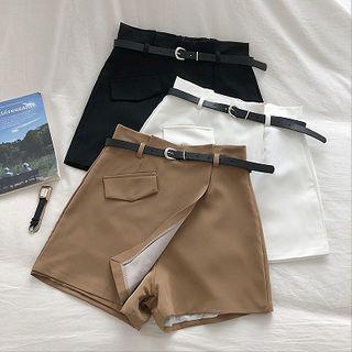 Asymmetric Plain High-waist Skort With Belt