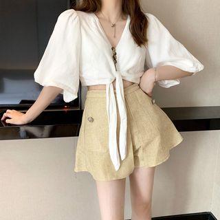 Set: V-neck Puff-sleeve Crop Top + High-waist Skort