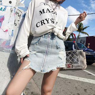 Zip-up Ripped Mini Denim Skirt