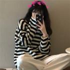 High-neck Striped Knit Sweater Black + White - One Size