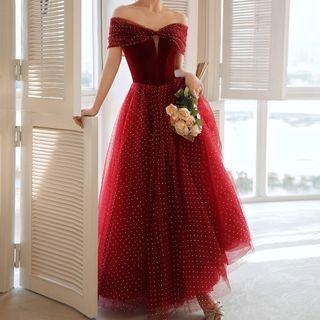 Off Shoulder Glitter Mesh A-line Gown