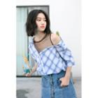 Mock Two-piece Cold-shoulder Plaid Blouse