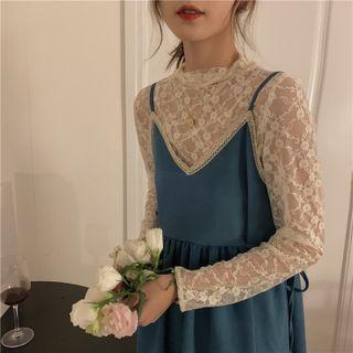 Spaghetti Strap Midi A-line Dress / Long-sleeve Lace Top