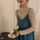 Spaghetti Strap Midi A-line Dress / Long-sleeve Lace Top