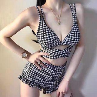 Set: Strappy Houndstooth Tankini Top + Swim Shorts