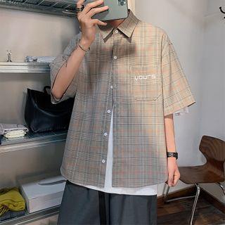 Elbow-sleeve Letter Printed Plaid Shirt