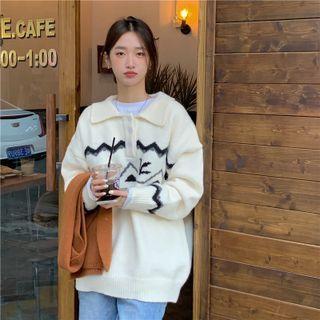 Ethnic Printed Knit Polo Shirt White - One Size