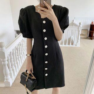 Puff-sleeve Scallop-neck Button Mini A-line Dress