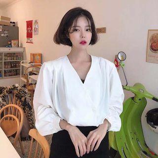 V-neck Plain Long-sleeve Blouse White - One Size