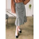 Band-waist Frill-hem Buttoned Gingham Midi Skirt