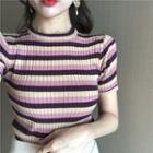 Short-sleeve Color Block Knit Top / A-line Mini Skirt