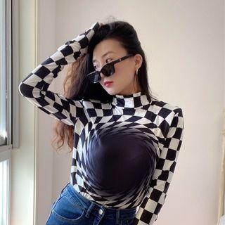Mock-neck Checkerboard T-shirt