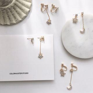Non-matching Moon & Star Dangle Earring / Clip-on Earring