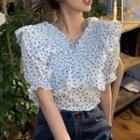 Short-sleeve Dotted Ruffled Top Top - Blue Dot - White - One Size