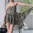 Strapless Plaid Asymmetrical Mini A-line Dress