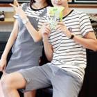 Couple Matching Striped Short-sleeve T-shirt / Striped Jumper Dress / Striped Shorts
