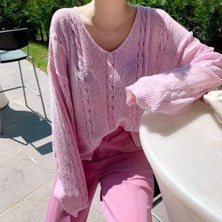 Pastel V-neck Cable-knit Top