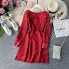 Long-sleeve Heart Pattern A-line Dress Red - One Size