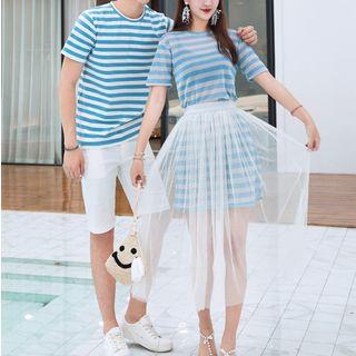 Couple Matching Striped Short-sleeve T-shirt / Shorts / Set: Striped Short-sleeve Long T-shirt + Mesh Midi Skirt