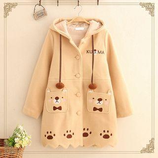 Bear Embroidered Scallop-hem Long Coat