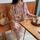 Long-sleeve Floral Chiffon Midi Dress As Shown In Figure - One Size