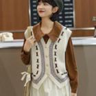 Flower Embroidered Button-up Knit Vest Vest - One Size