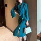 Long-sleeve Faux Suede Midi A-line Dress