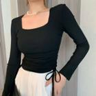 Long-sleeve Scoop-neck Drawstring Fitted Top