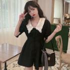 Puff-sleeve Pointed Collar Single-breasted Mini Dress