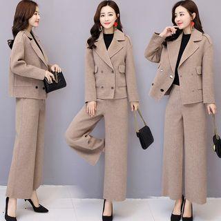 Set: Notch-lapel Double-breasted Coat + Wide Leg Pants
