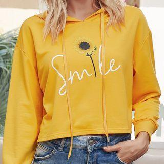 Lettering Flower Print Cropped Hoodie