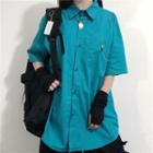 Couple Matching Short Sleeve Bear Embroidered Shirt Bluish Green - One Size