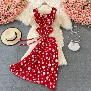 Set: Dot Crop Tank Top + Pleated Midi Skirt