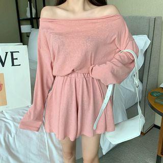 Set: Plain Long-sleeve T-shirt + Shorts Pink - One Size