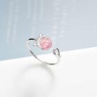 925 Sterling Silver Cat Bead Open Ring Pink Bead - Silver - One Size