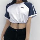 Short-sleeve Letter Embroidered Drawstring Cropped T-shirt