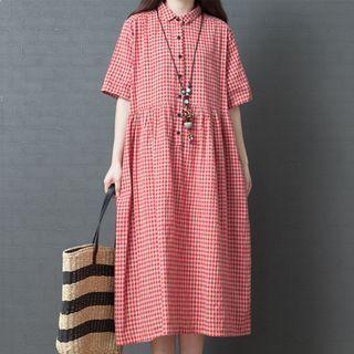 Short-sleeve Plaid A-line Midi Shirtdress