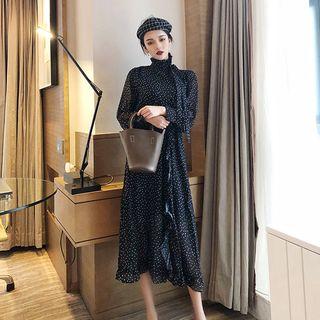 High-neck Polka-dot Dress Black - One Size
