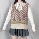 Pattern Knit Vest / Bow-accent Long-sleeve Blouse