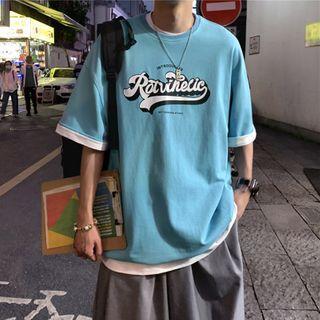 Elbow-sleeve Contrast Trim Letter Printed T-shirt