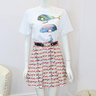 Short-sleeve Printed T-shirt + Patterned A-line Skirt