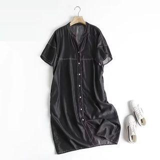 Short-sleeve Contrast Stitching Denim Midi Collarless Shirt Dress