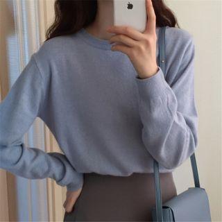 Plain Crew-neck Sweater / High-waist Midi Straight-fit Skirt