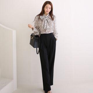 Set: Printed Tie-neck Blouse + Dress Pants
