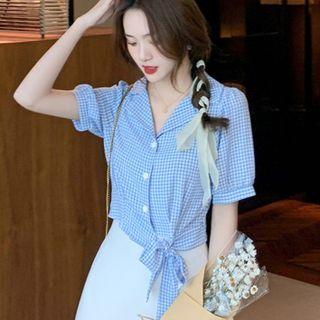 Short-sleeve Plaid Lace-up Plaid Blouse